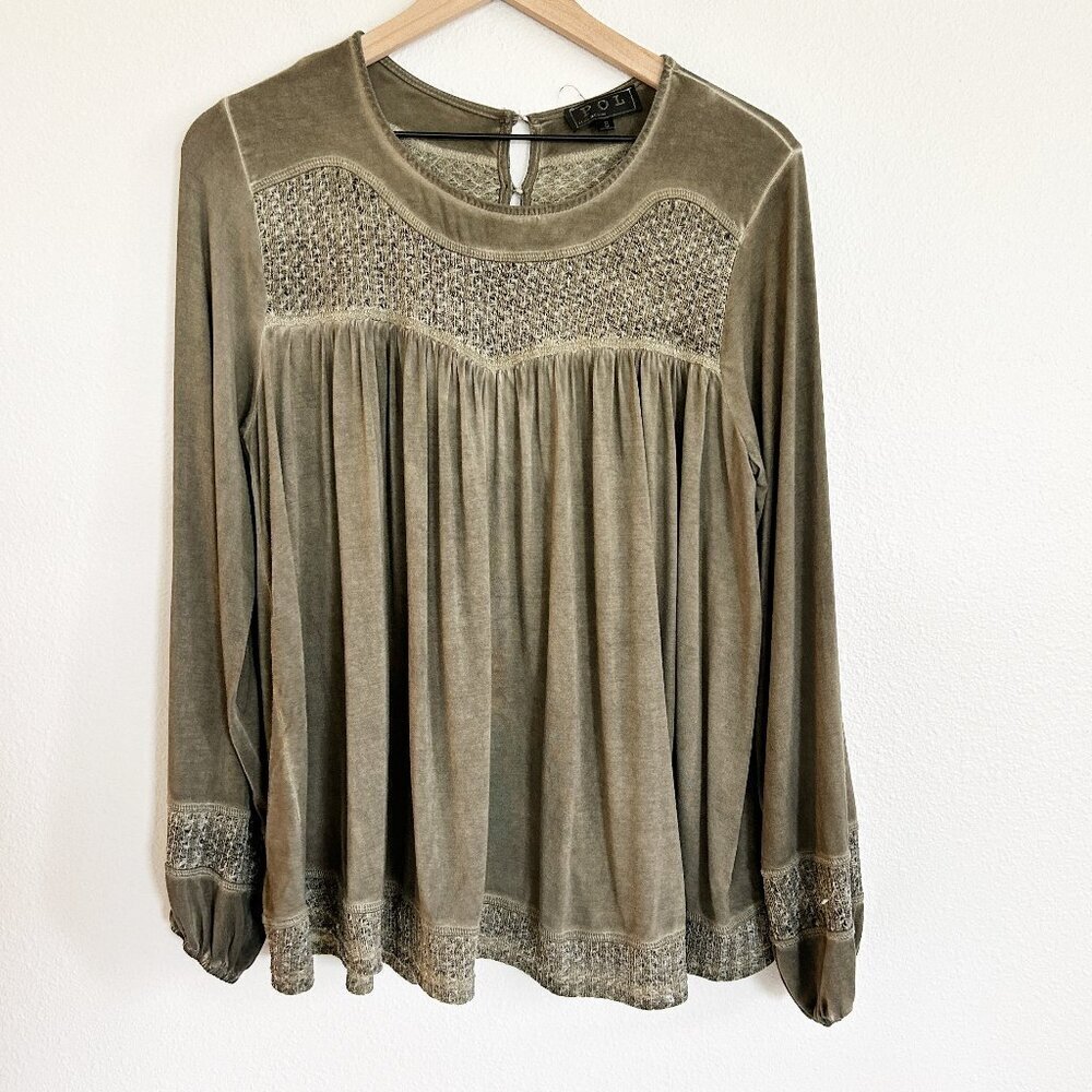 Pol Peasant Tunic Top S Green Knit Trim Boho Hippie Festival